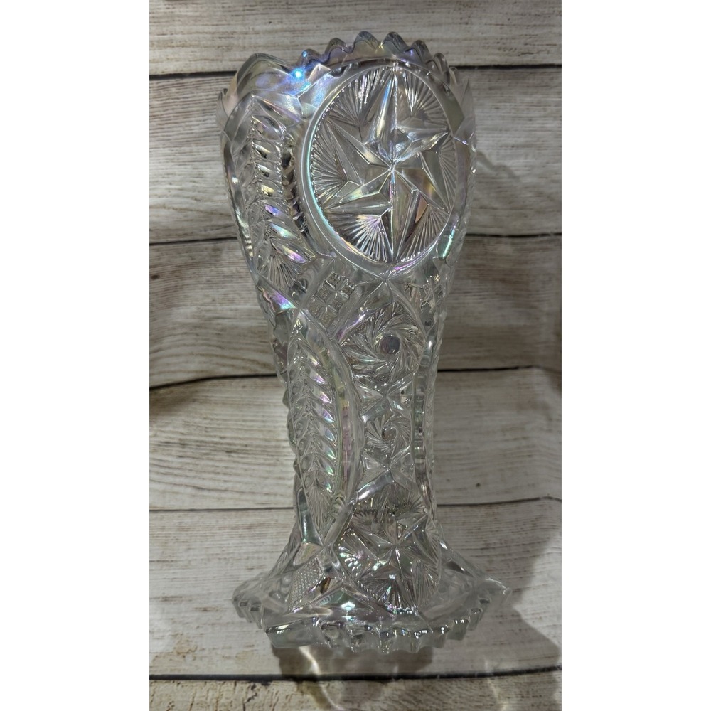 Vintage LE Smith Iridescent Whirling Star Ohio Star Beautiful 9" Heavy Vase